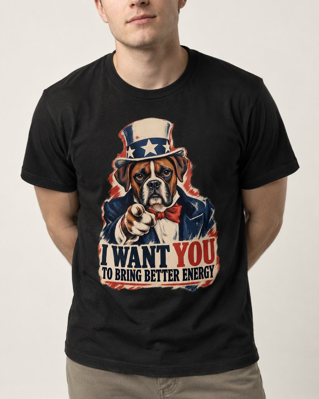 I Want You to Bring Better Energy Boxer Recruitment Poster Graphic T-Shirt in Black, worn by a model, front view