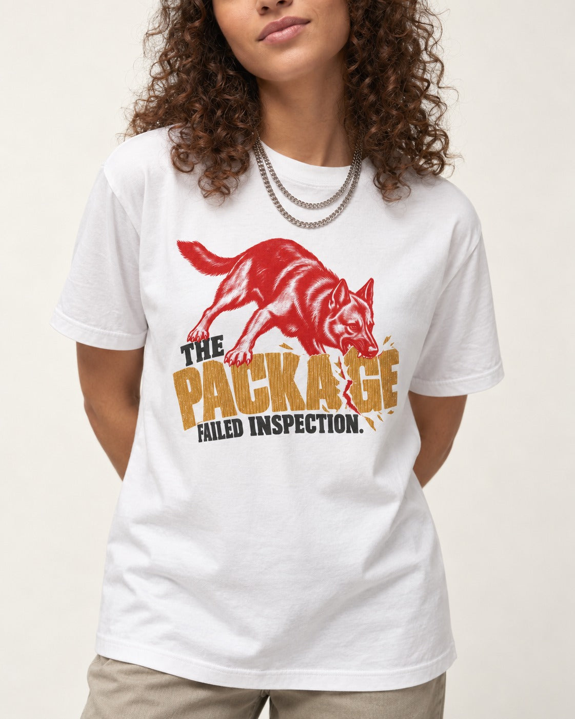 The Package Failed Inspection German Shepherd Dog T-Shirt in White, worn by a model, front view