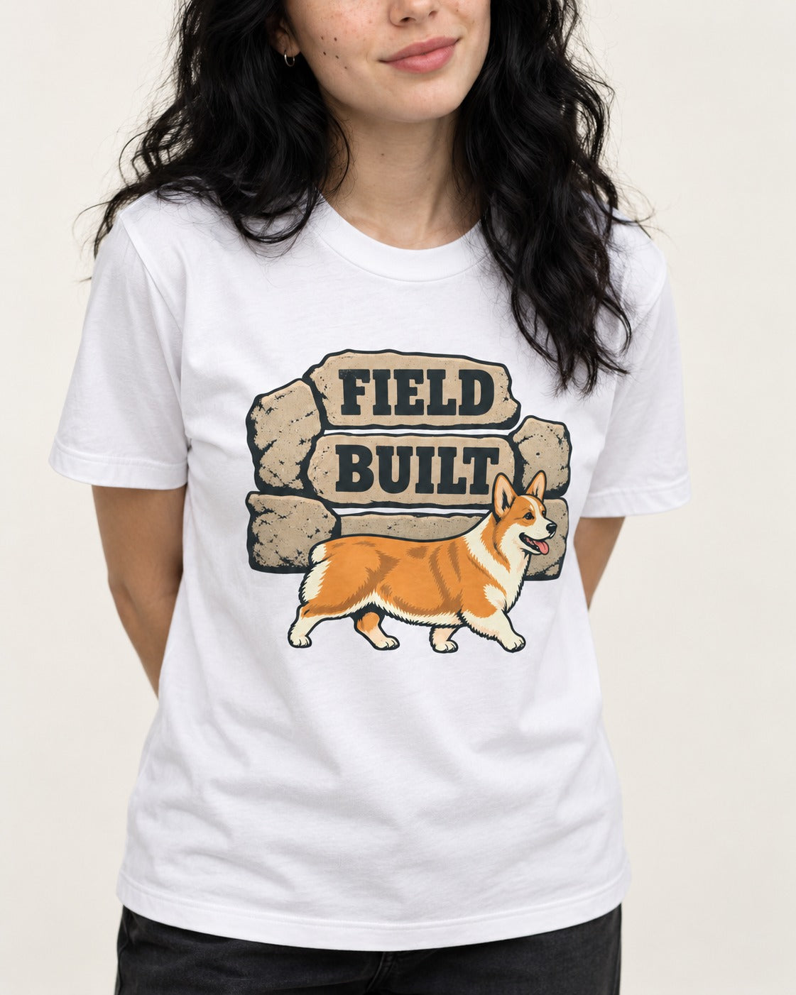 Field Built Corgi T-Shirt in White, worn by a model, front view