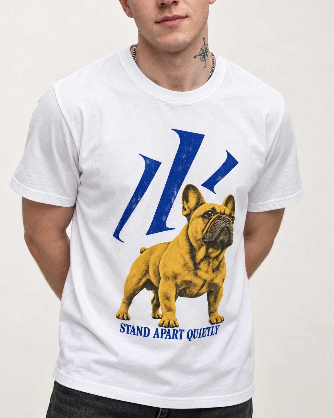 Frenchie Stand Apart Quietly T-Shirt in White, worn by a model, front view