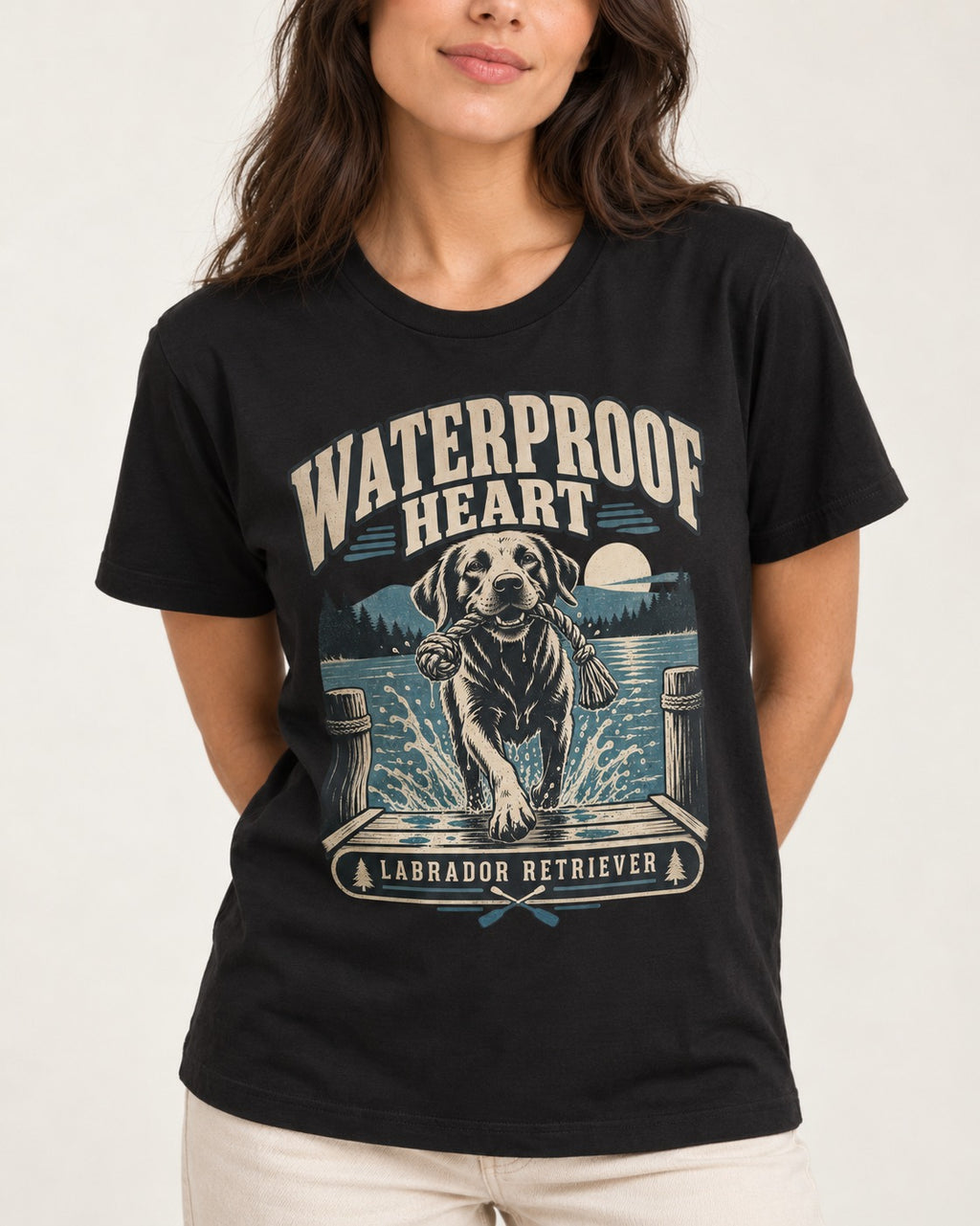 Labrador Retriever Waterproof Heart Lake Adventure Graphic T-Shirt in Black, worn by a model, front view