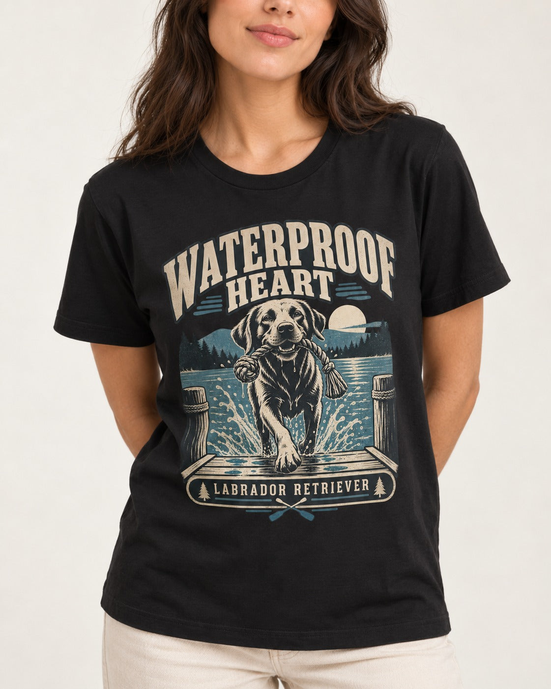 Labrador Retriever Waterproof Heart Lake Adventure Graphic T-Shirt in Black, worn by a model, front view