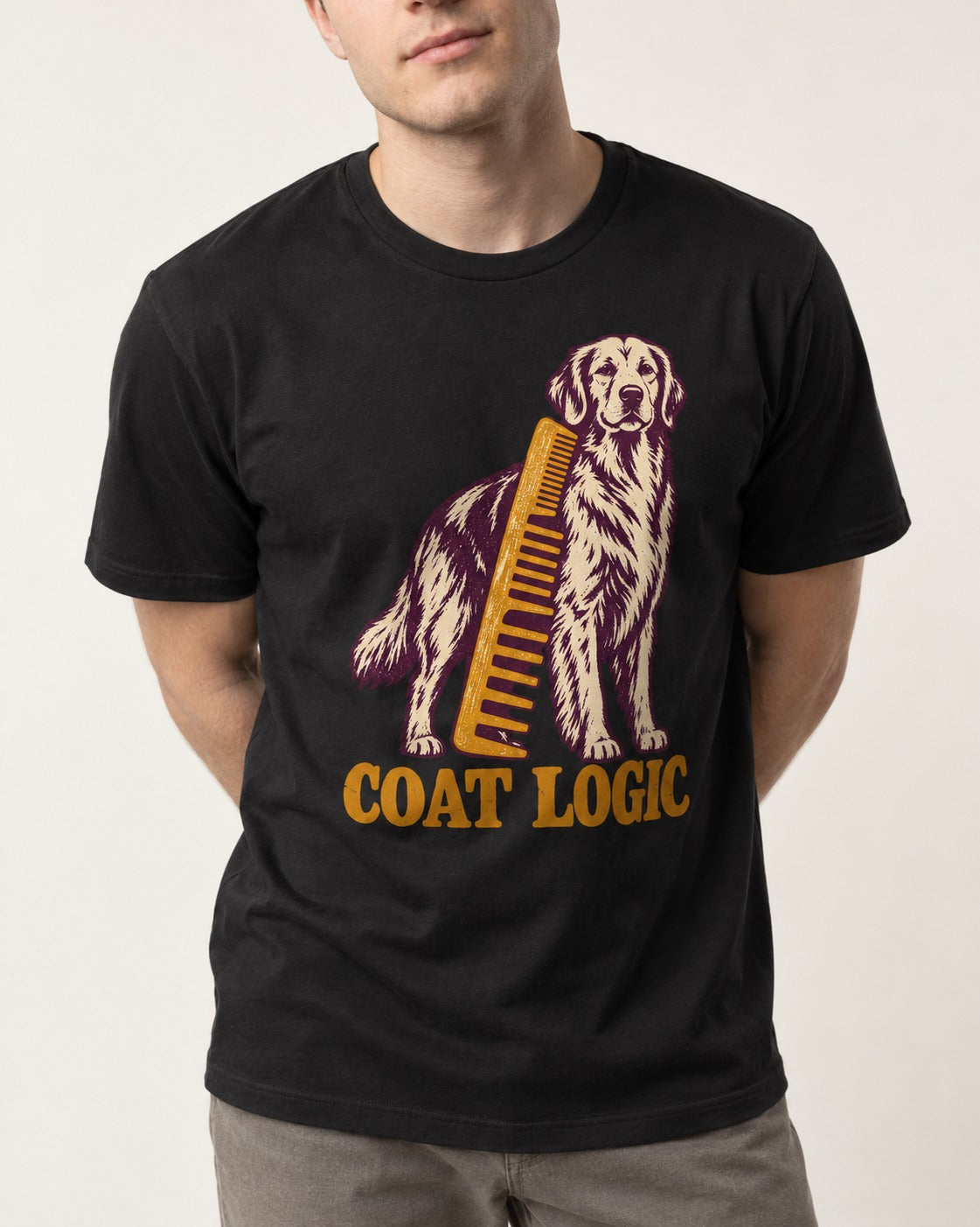 Golden Retriever Coat Logic Grooming Gauge Graphic T-Shirt in Black, worn by a model, front view