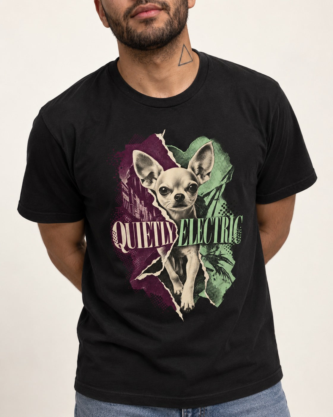 Chihuahua Quietly Electric T-Shirt in Black, worn by a model, front view