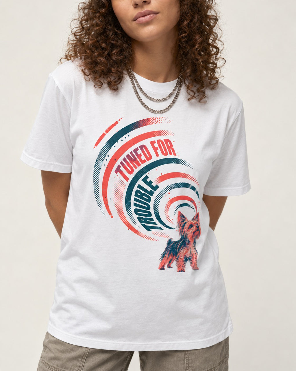 Yorkshire Terrier Tuned for Trouble T-Shirt in White, worn by a model, front view