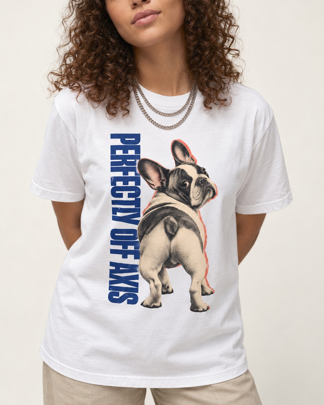 Perfectly Off Axis Frenchie T-Shirt in White, worn by a model, front view