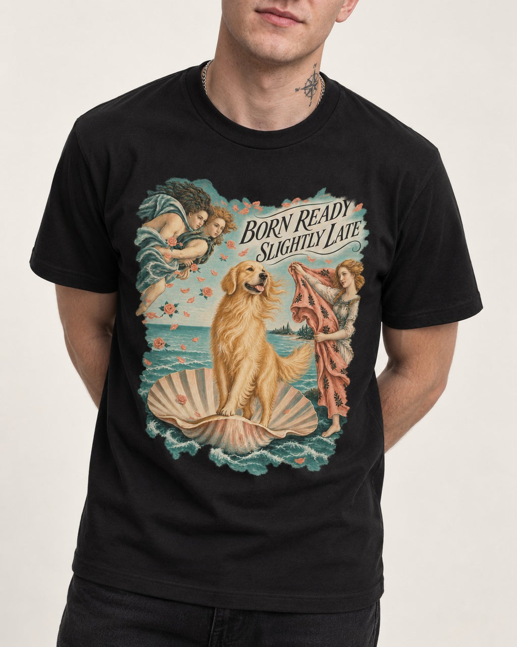 Born Ready Slightly Late Venus Golden Retriever Graphic T-Shirt in Black, worn by a model, front view