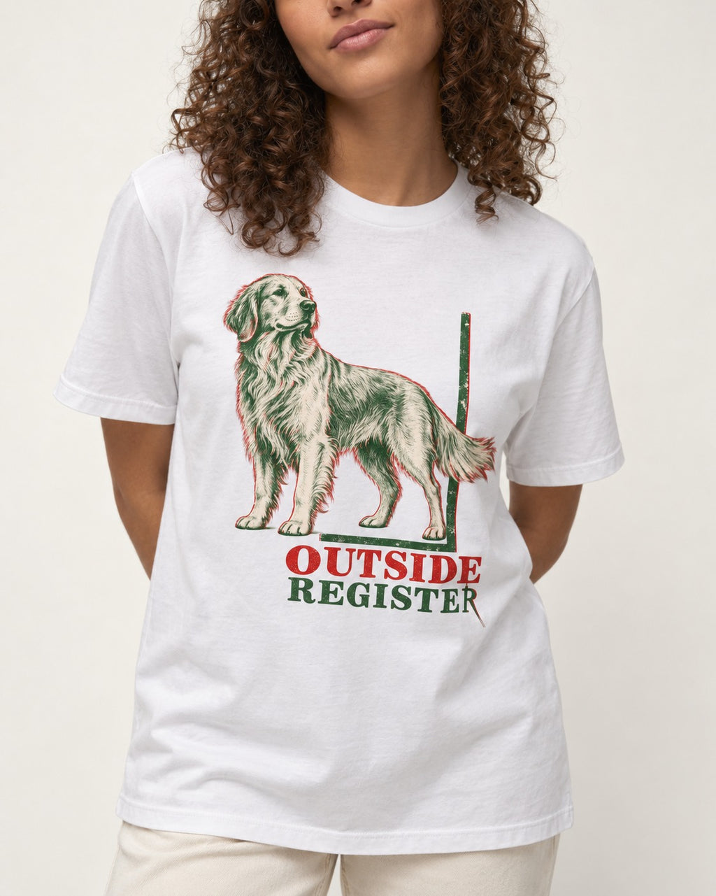 Outside Register Golden Retriever T-Shirt in White, worn by a model, front view