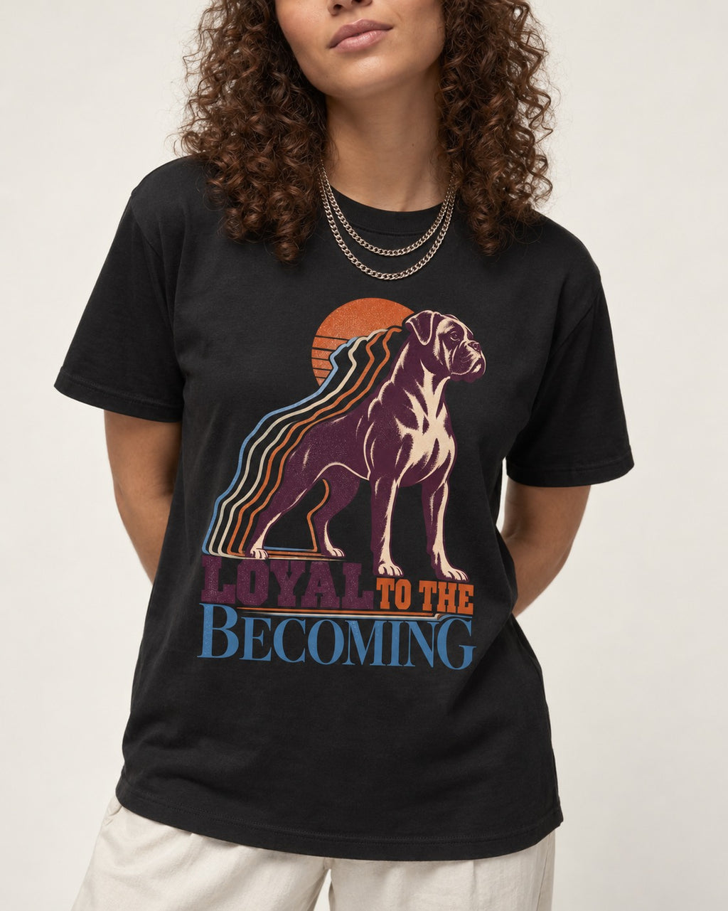 Boxer Loyal to the Becoming T-Shirt in Black, worn by a model, front view
