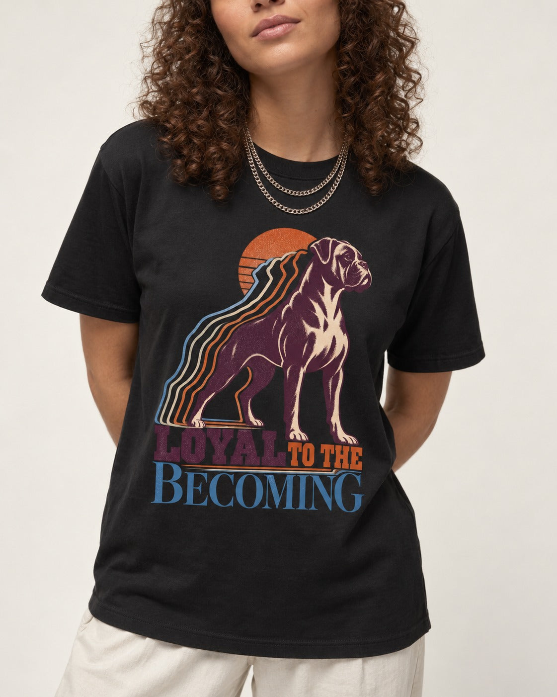 Boxer Loyal to the Becoming T-Shirt in Black, worn by a model, front view