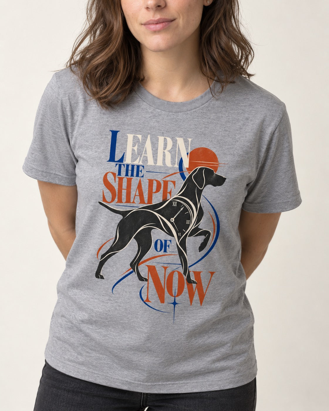 German Shorthaired Pointer Learn the Shape of Now Clock Graphic T-Shirt in Sport Grey, worn by a model, front view