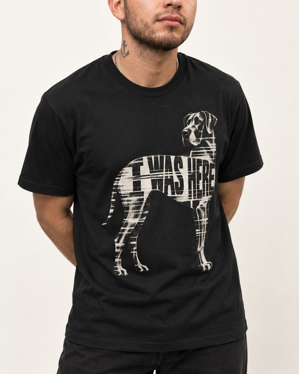 Great Dane I Was Here Plaid Silhouette Graphic T-Shirt in Black, worn by a model, front view