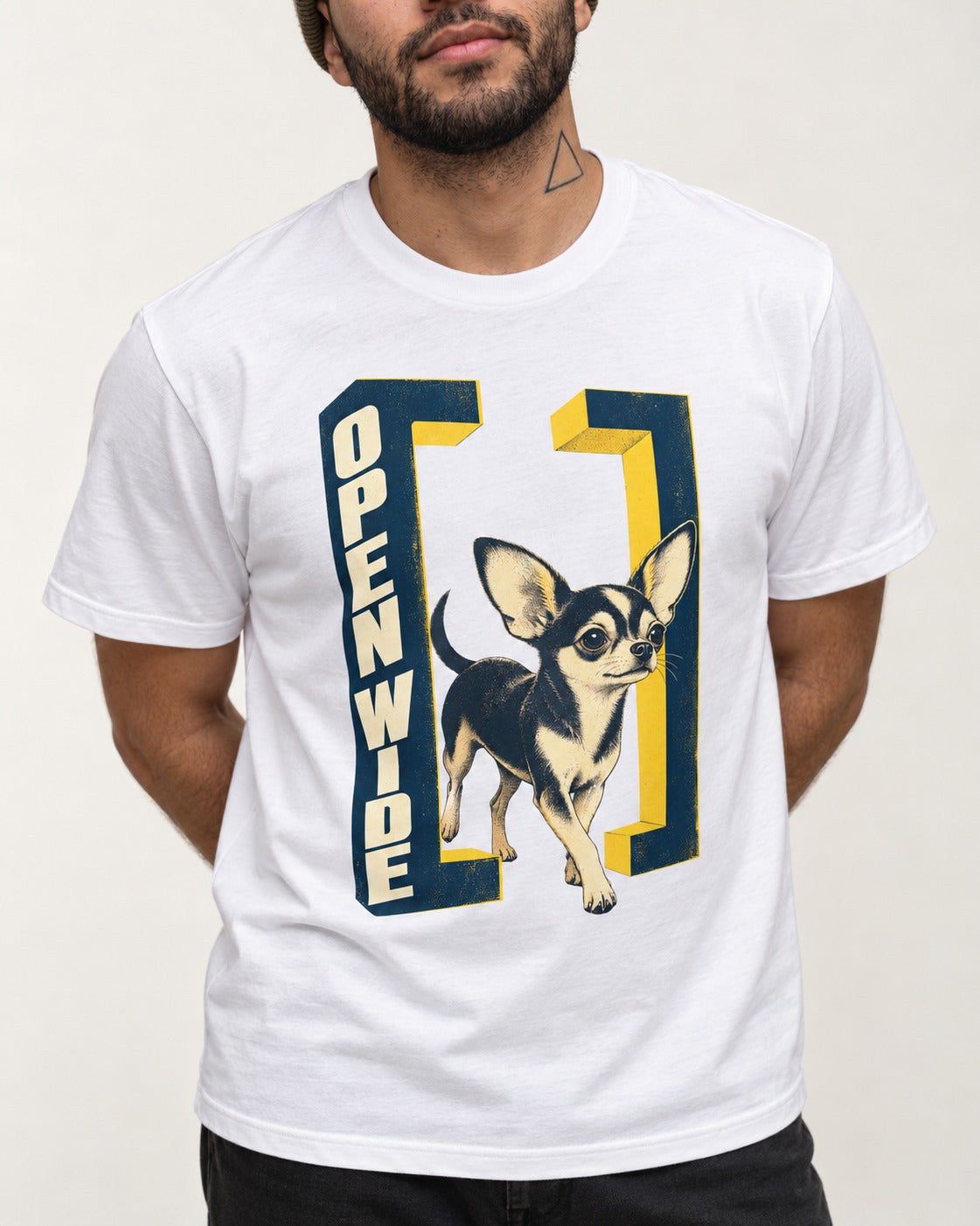 Open Wide Chihuahua T-Shirt in White, worn by a model, front view