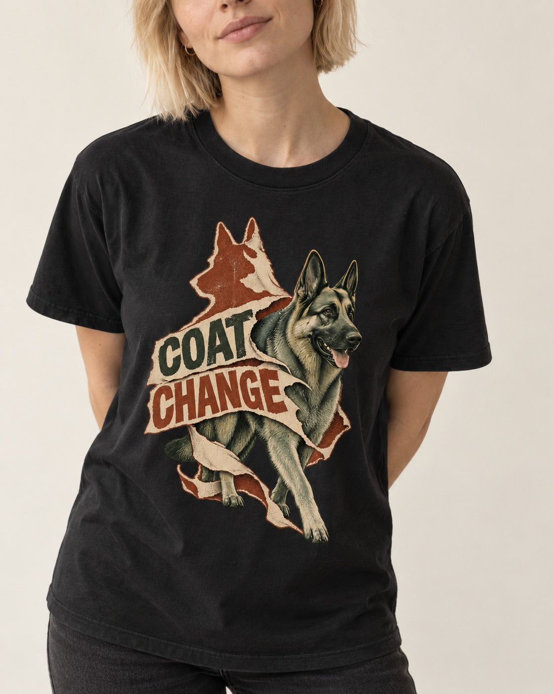 Coat Change Running German Shepherd Dog Ribbon Graphic T-Shirt in Black, worn by a model, front view