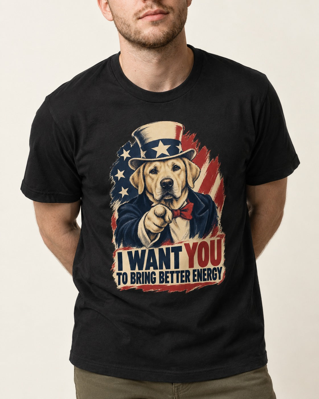Labrador Retriever I Want You to Bring Better Energy Uncle Sam Graphic T-Shirt in Black, worn by a model, front view