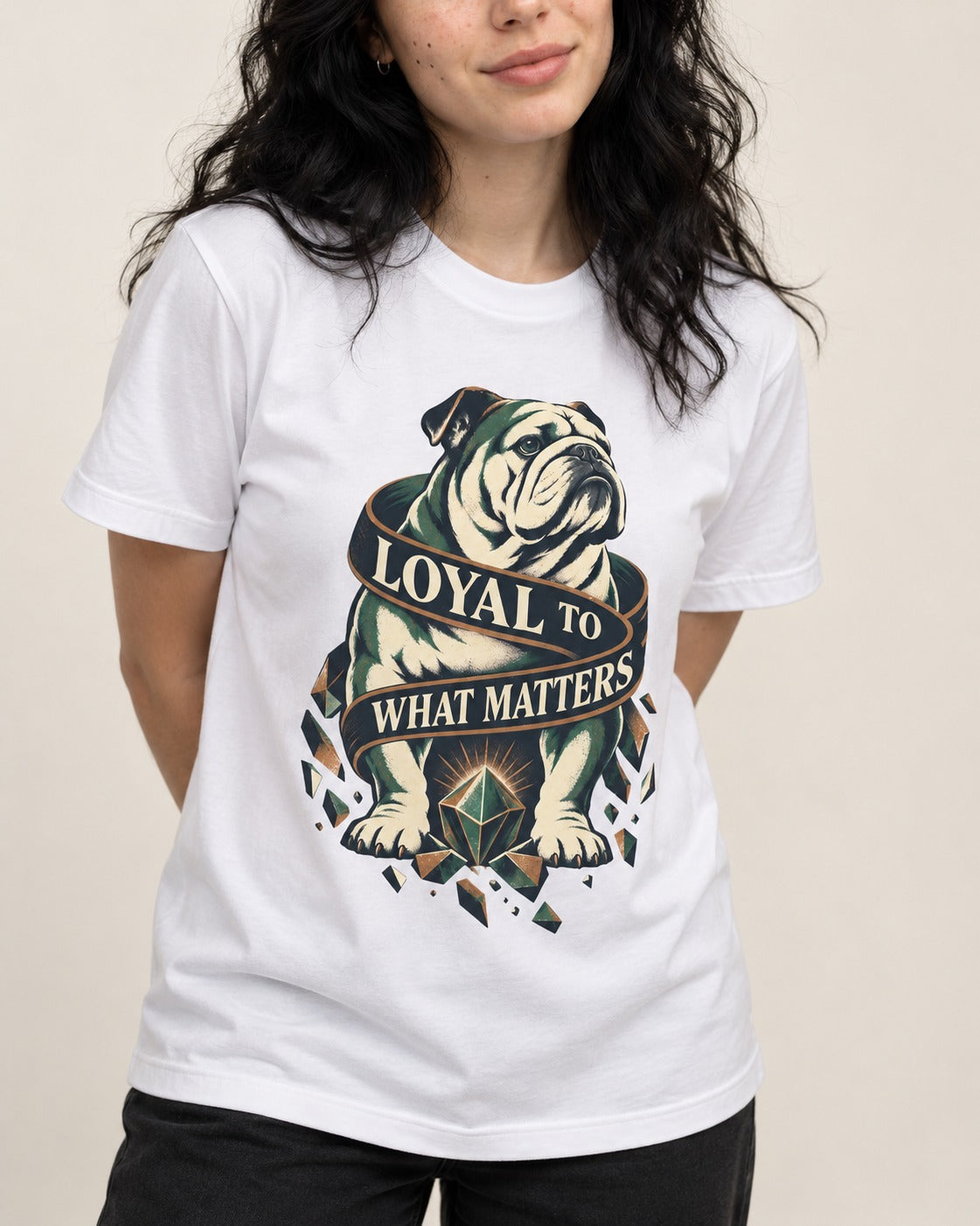 Loyal to What Matters English Bulldog T-Shirt in White, worn by a model, front view