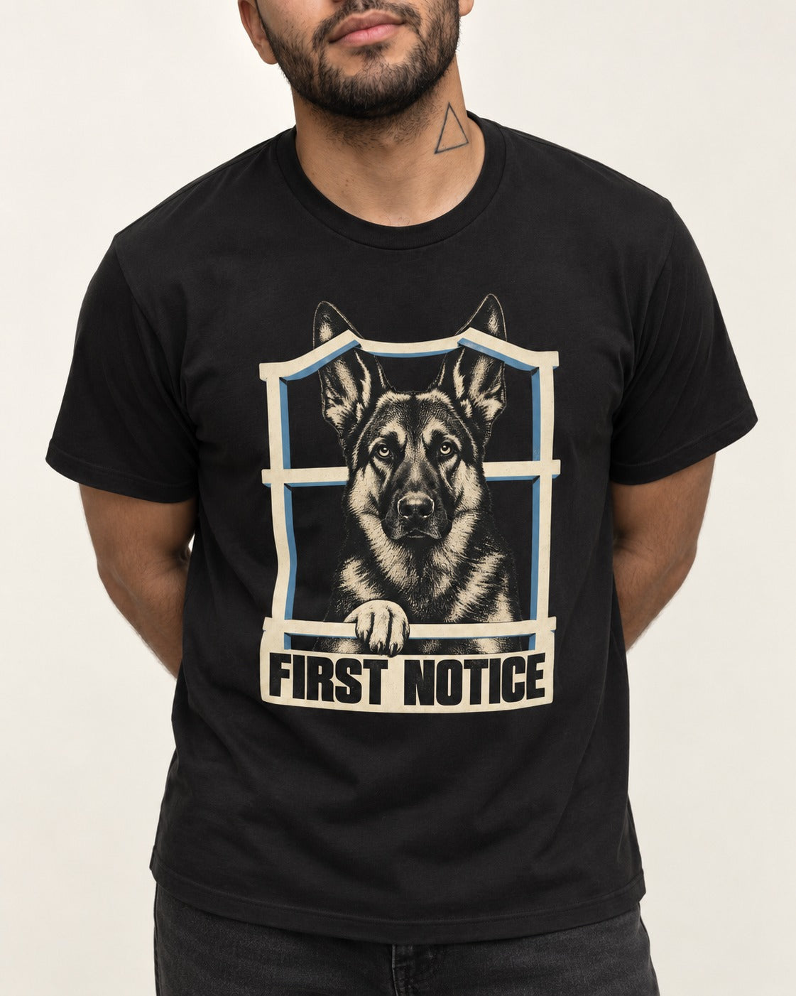 First Notice Window German Shepherd Dog Graphic T-Shirt in Black, worn by a model, front view