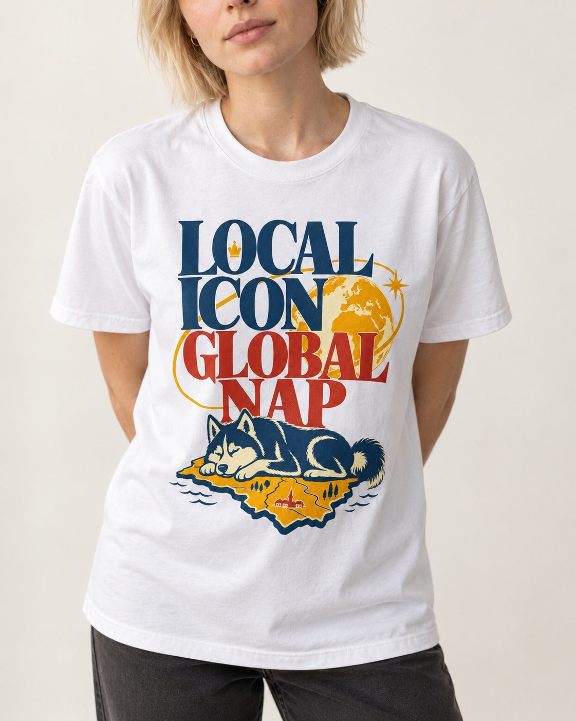 Husky Local Icon Global Nap T-Shirt in White, worn by a model, front view