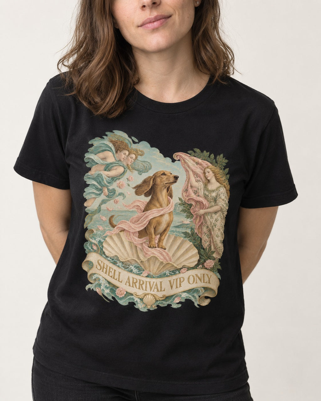 Dachshund Shell Arrival VIP Only Venus Parody Graphic T-Shirt in Black, worn by a model, front view