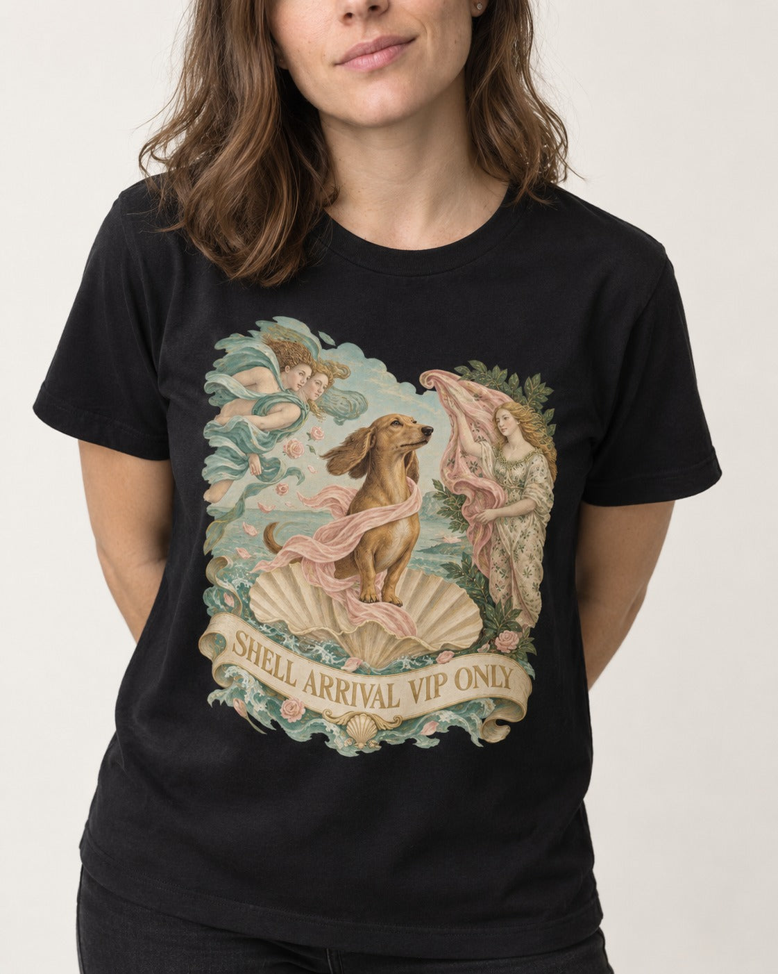 Dachshund Shell Arrival VIP Only Venus Parody Graphic T-Shirt in Black, worn by a model, front view