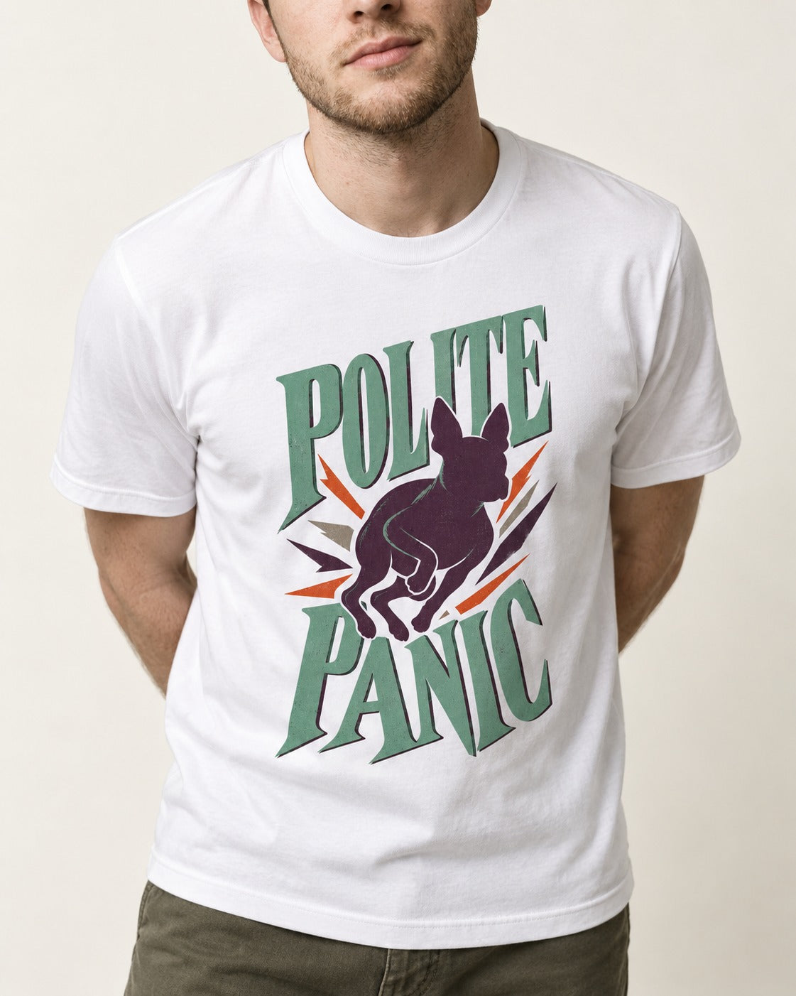 Polite Panic Boston Terrier T-Shirt in White, worn by a model, front view