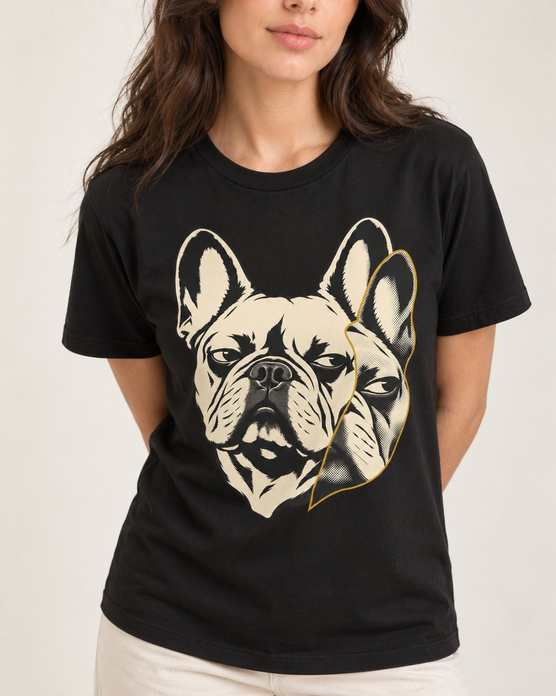 Frenchie Double Crop Side Eye Portrait Graphic T-Shirt in Black, worn by a model, front view