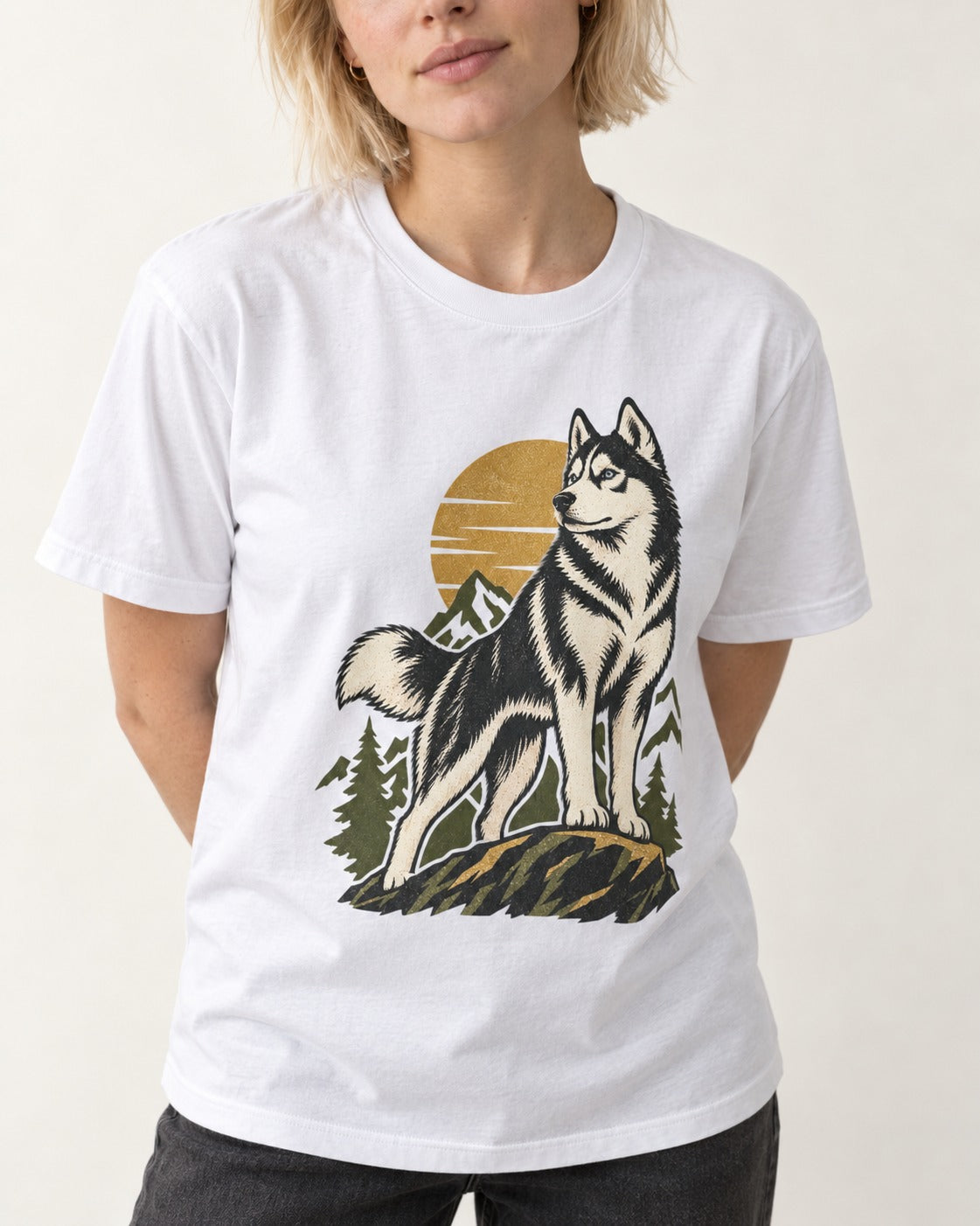 Husky Born to Roam T-Shirt in White, worn by a model, front view