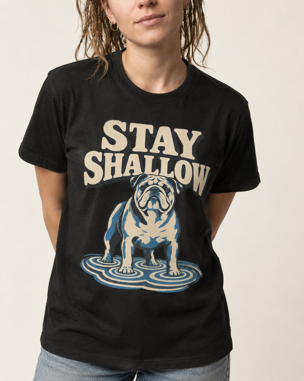English Bulldog Stay Shallow Ripple Graphic T-Shirt in Black, worn by a model, front view