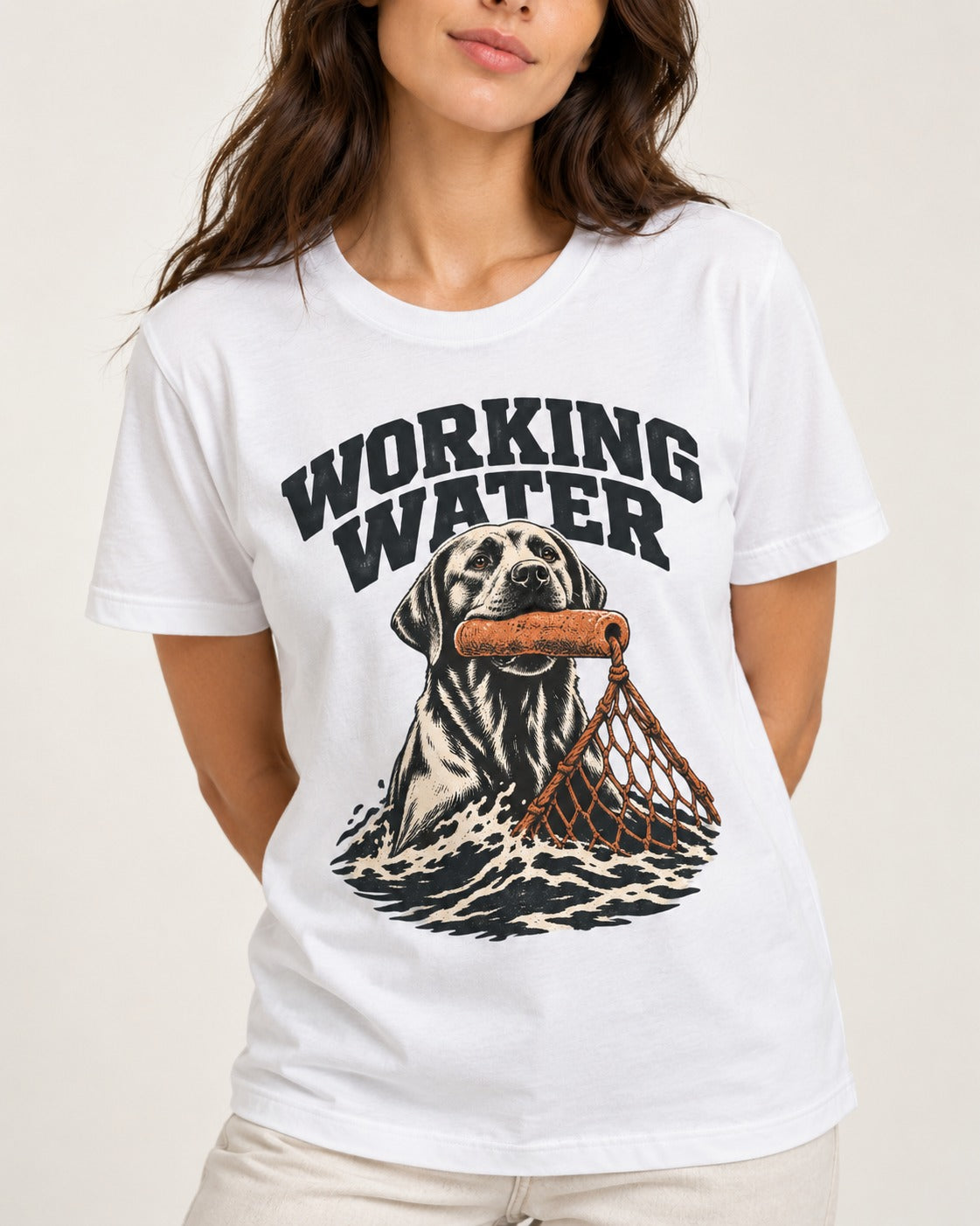 Working Water Labrador Retriever T-Shirt in White, worn by a model, front view