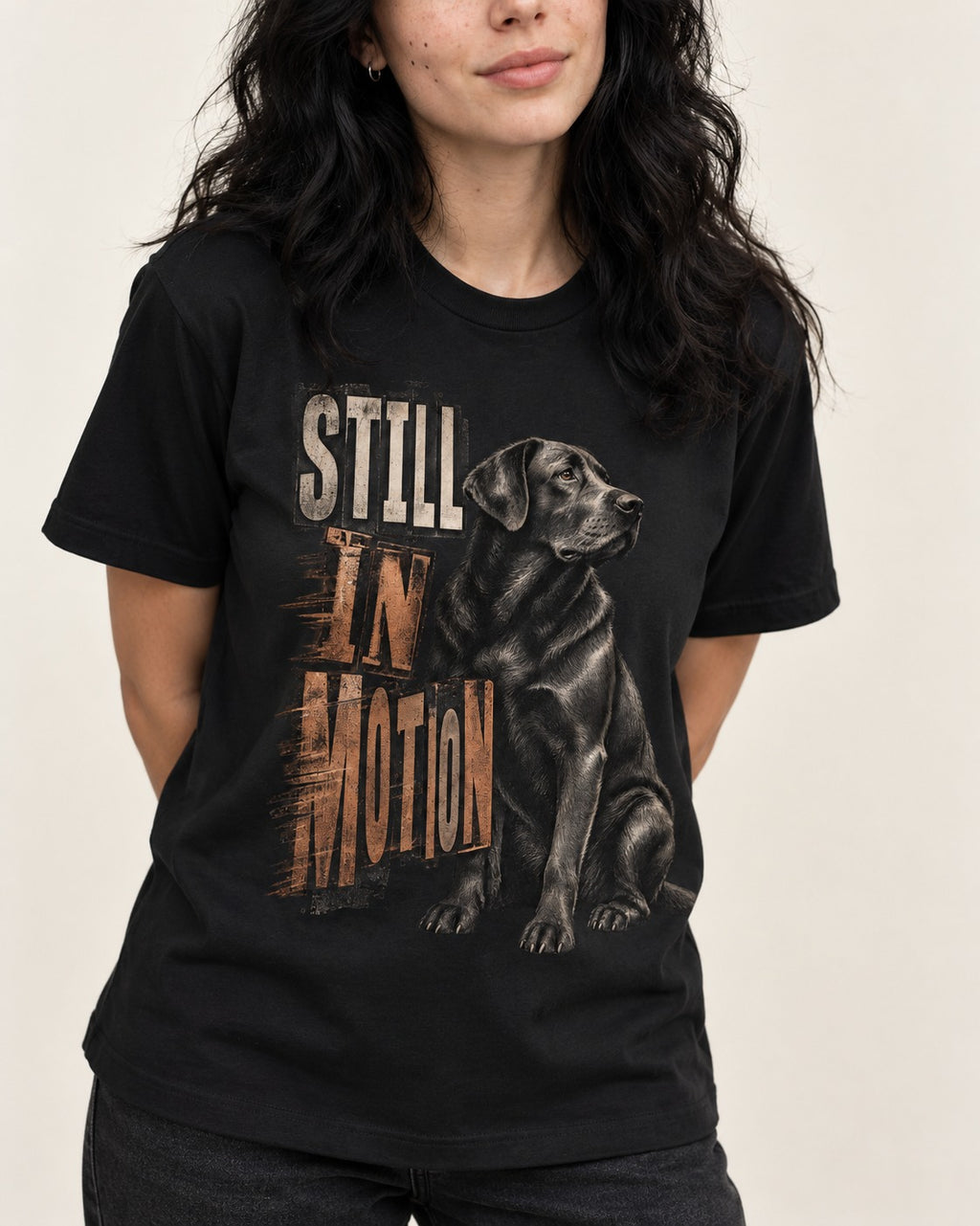 Labrador Retriever Still in Motion Seated Graphic T-Shirt in Black, worn by a model, front view