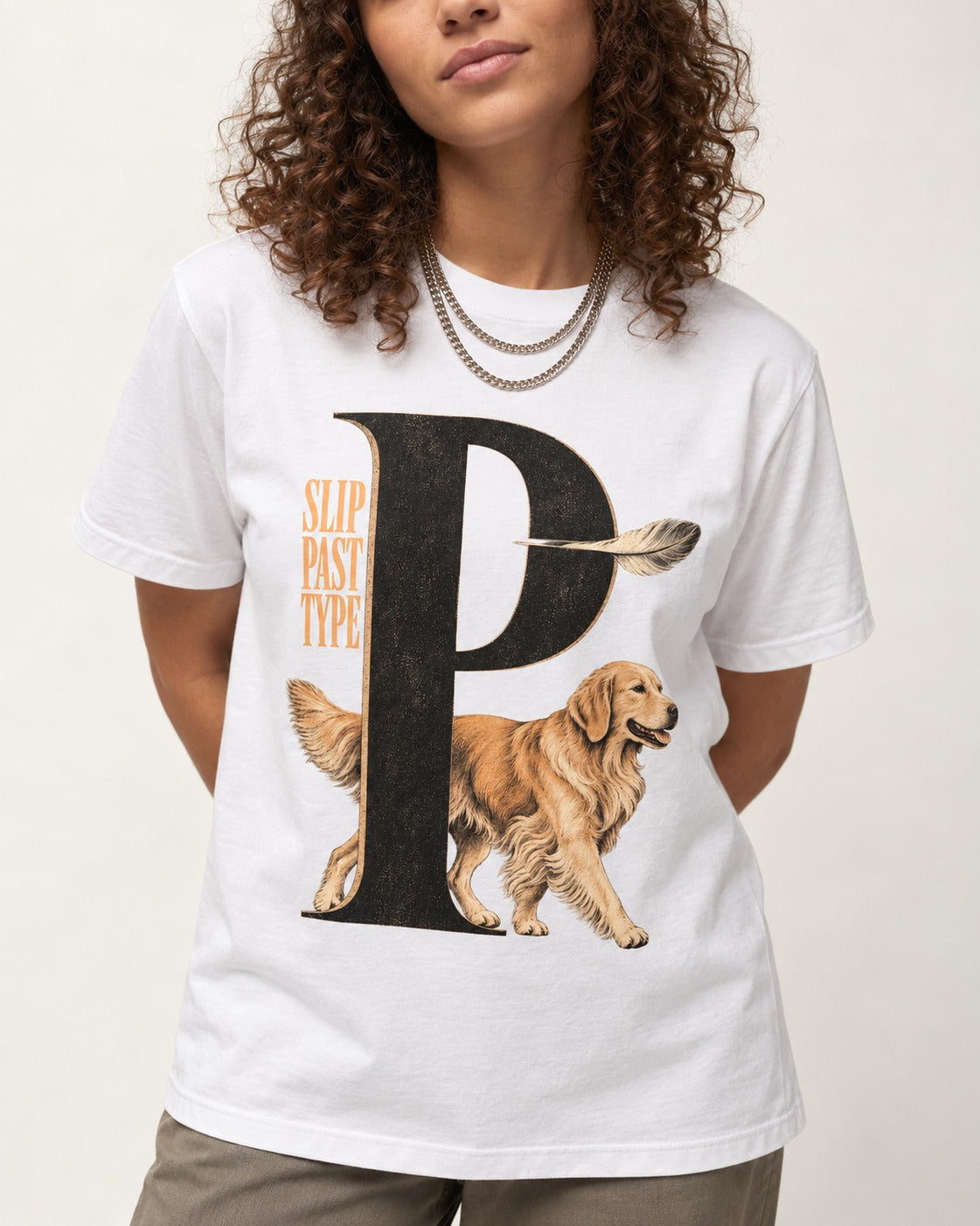 Golden Retriever Slip Past Type T-Shirt in White, worn by a model, front view