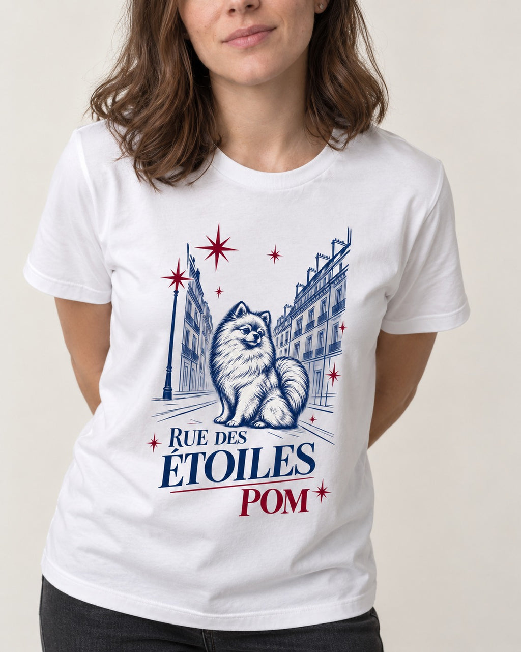 Pomeranian Among the Stars T-Shirt in White, worn by a model, front view