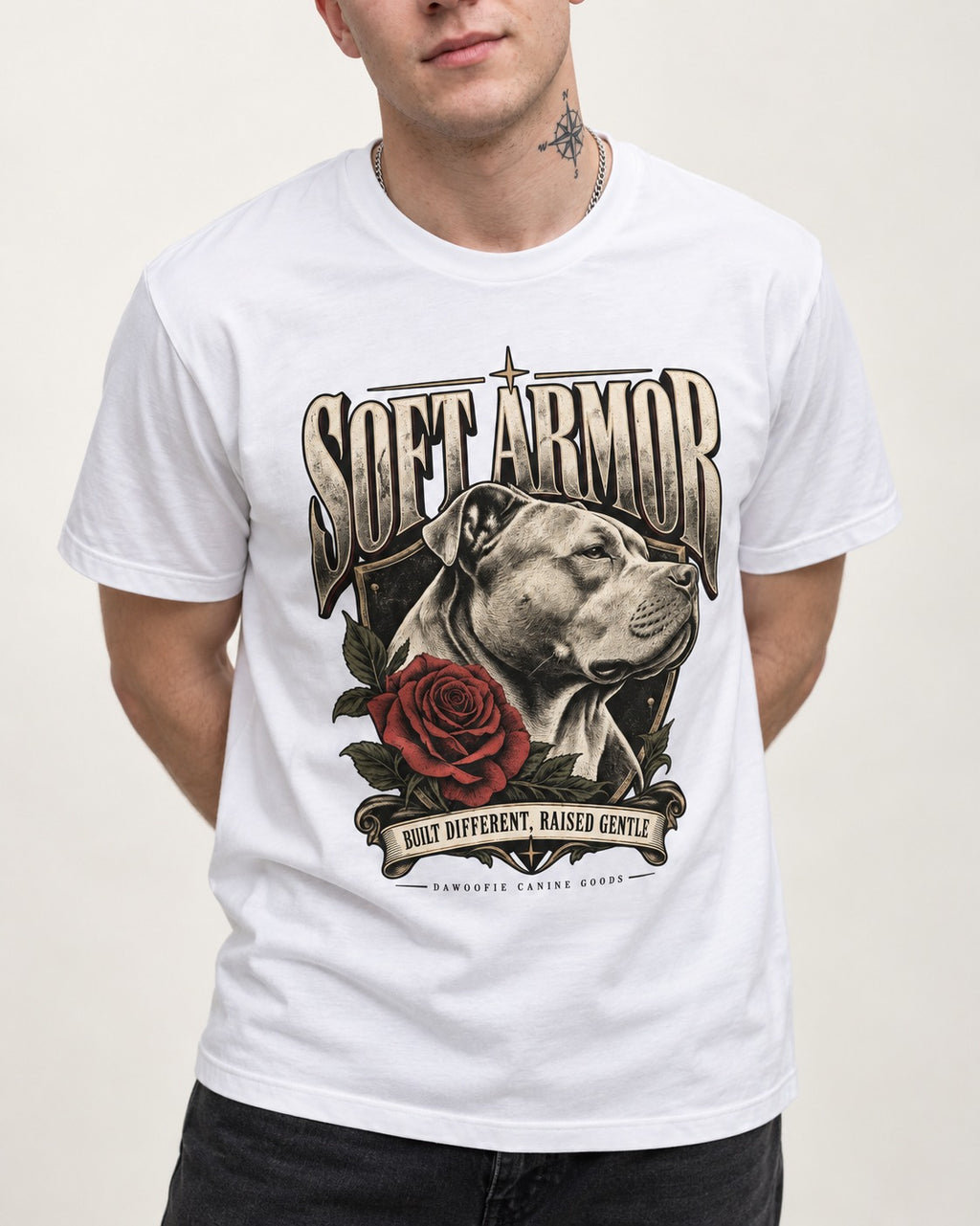 Pitbull Soft Armor T-Shirt in White, worn by a model, front view