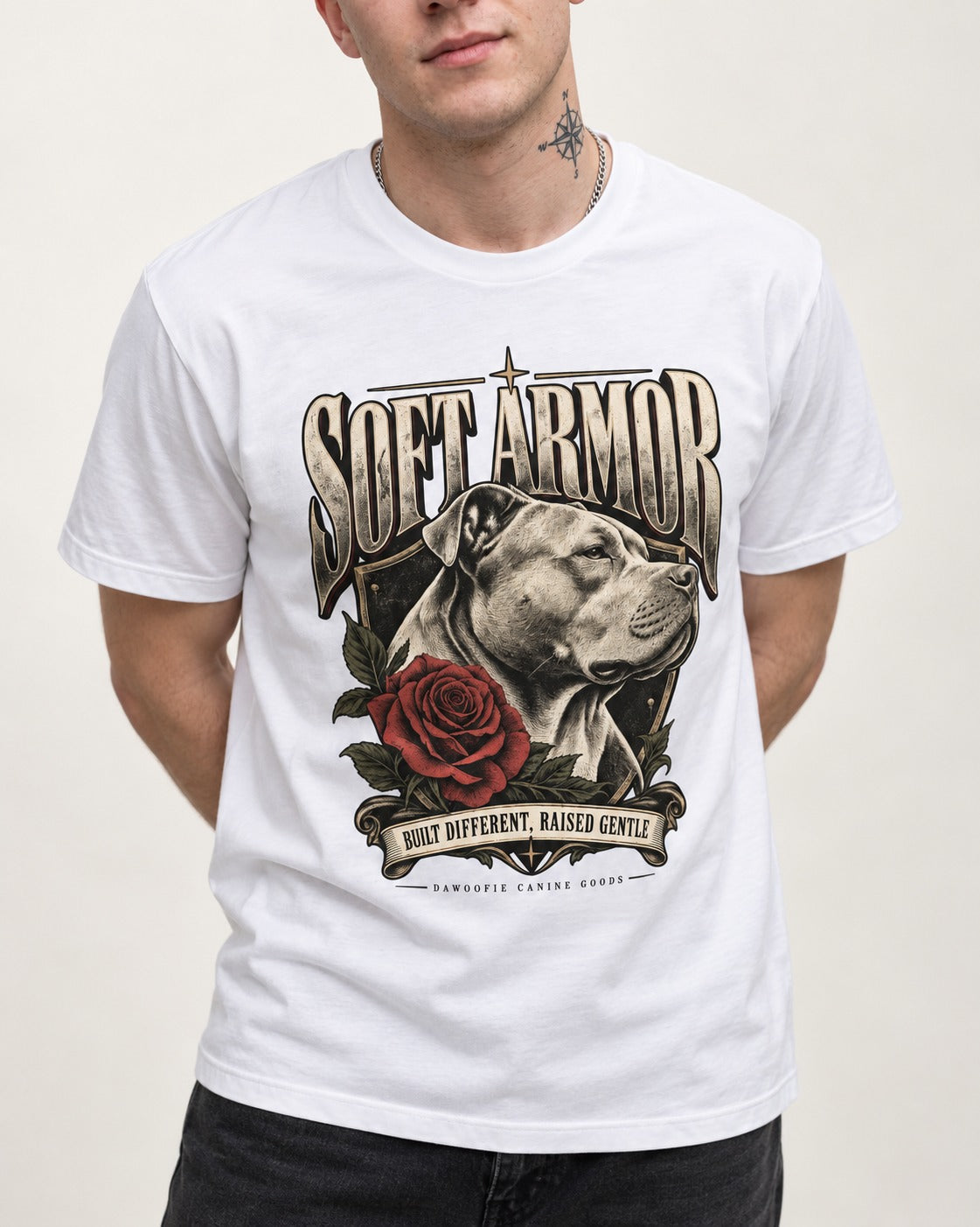 Pitbull Soft Armor T-Shirt in White, worn by a model, front view
