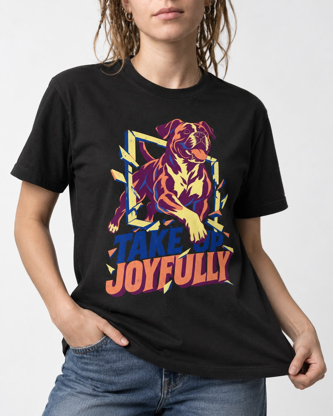 Take Up Joyfully Boxer Breakthrough Graphic T-Shirt in Black, worn by a model, front view