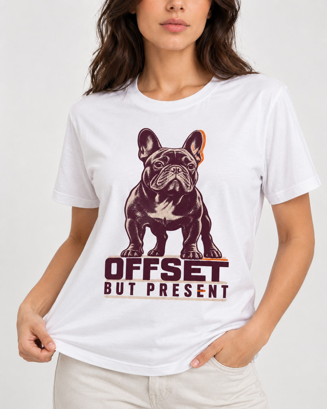 Offset but Present Frenchie T-Shirt in White, worn by a model, front view