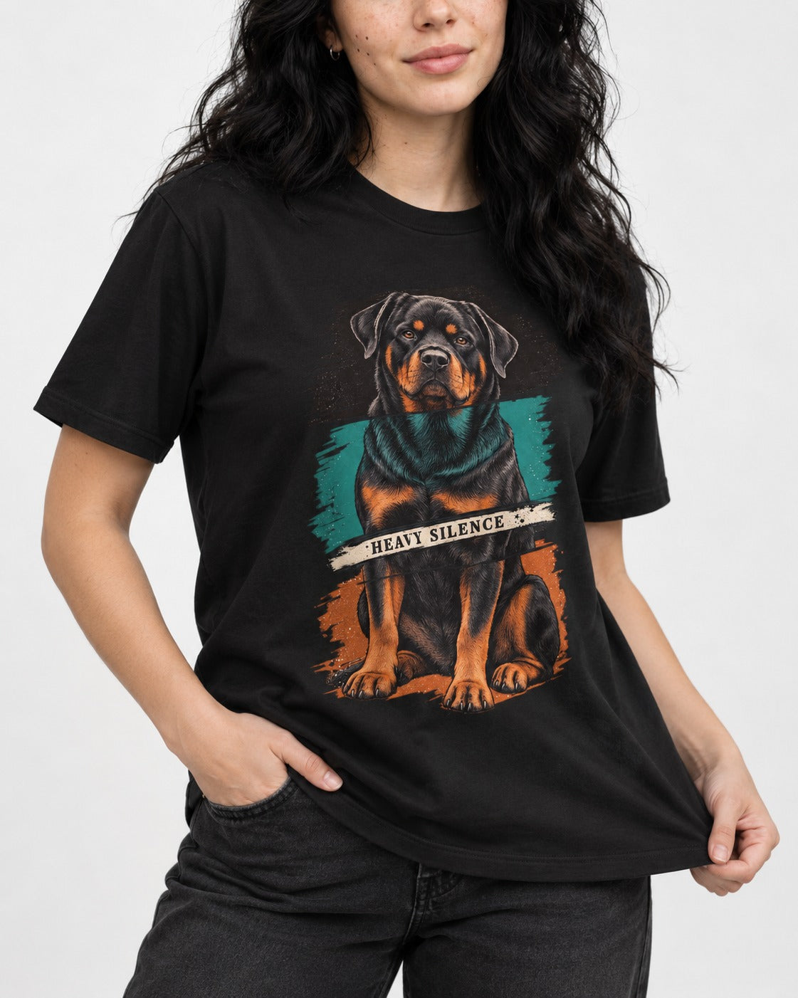 Rottweiler Heavy Silence Brushstroke Portrait Graphic T-Shirt in Black, worn by a model, front view