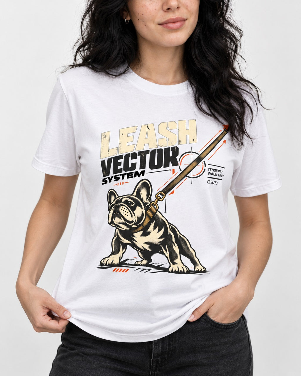Frenchie Leash Vector T-Shirt in White, worn by a model, front view