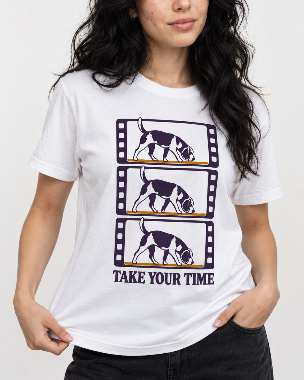 Beagle Take Your Time T-Shirt in White, worn by a model, front view