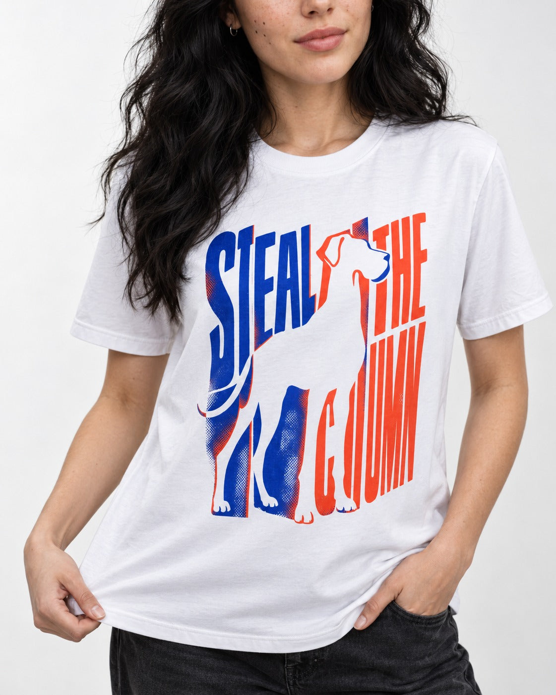 Steal the Show Great Dane T-Shirt in White, worn by a model, front view