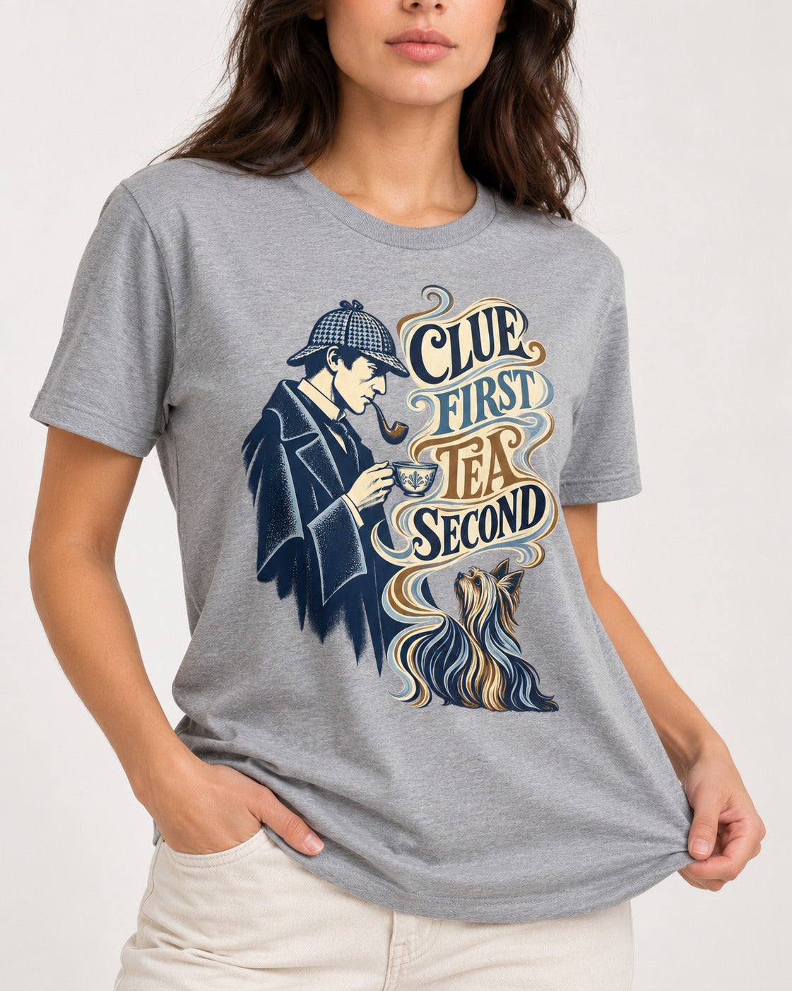 Yorkshire Terrier Clue First Tea Second Detective Graphic T-Shirt in Sport Grey, worn by a model, front view