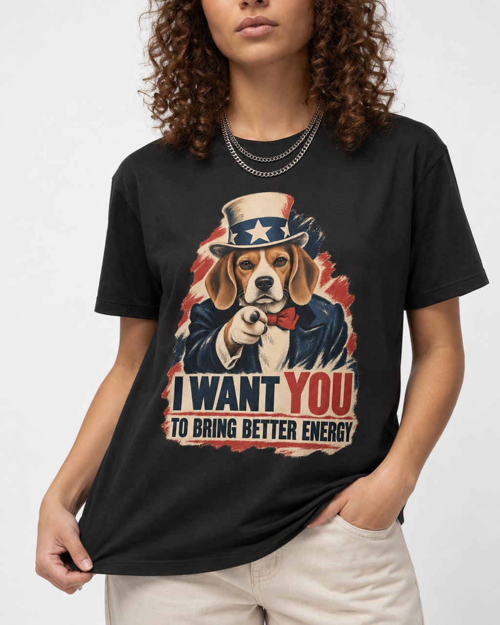 Bring Better Energy Beagle Uncle Sam T-Shirt in Black, worn by a model, front view
