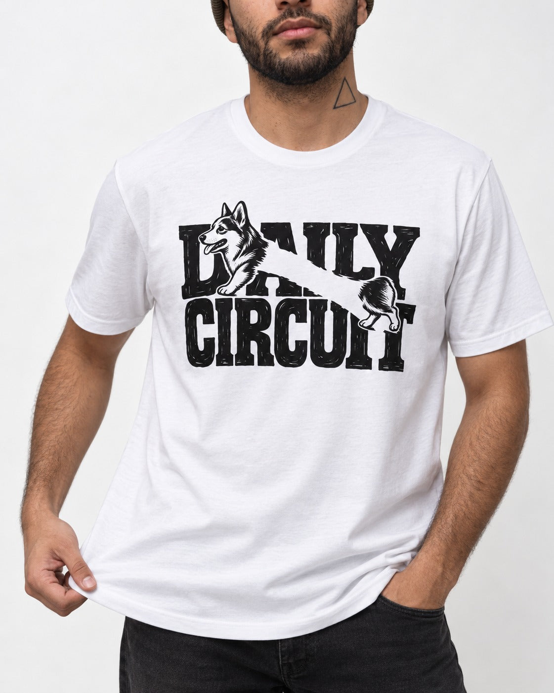 Daily Corgi Circuit T-Shirt in White, worn by a model, front view