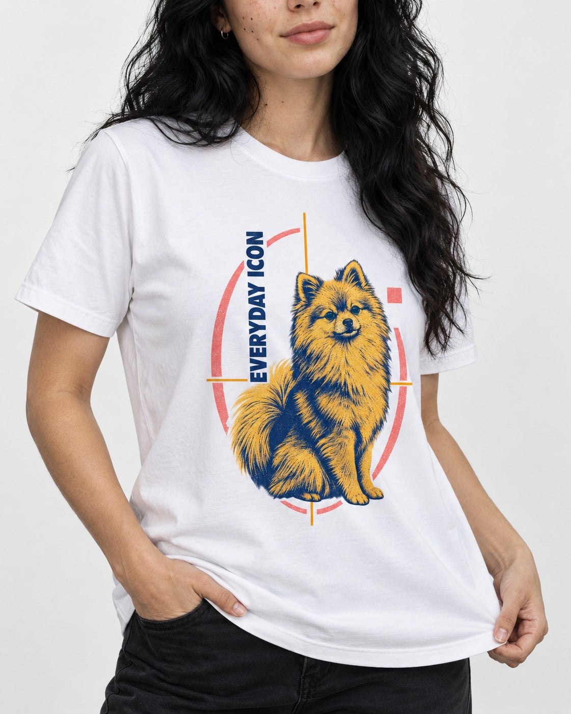 Pomeranian Everyday Icon T-Shirt in White, worn by a model, front view