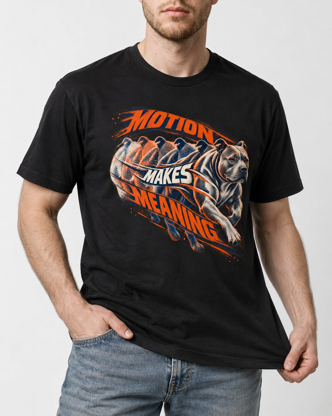 Pitbull Motion Makes Meaning Running Dog Graphic T-Shirt in Black, worn by a model, front view