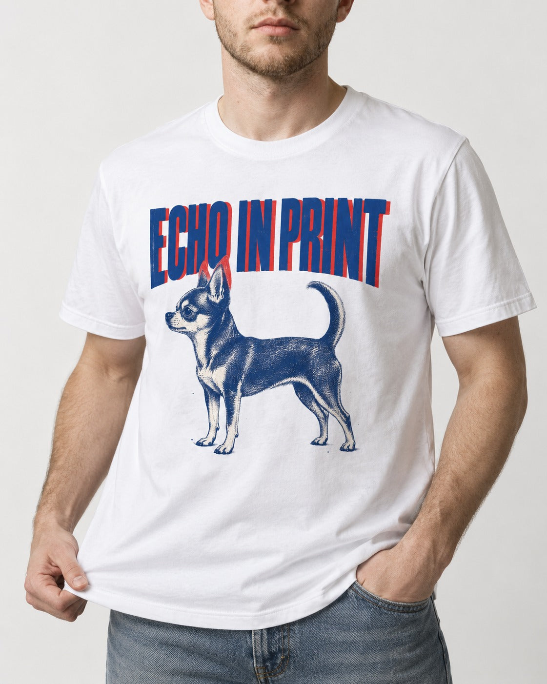 Chihuahua Echo T-Shirt in White, worn by a model, front view