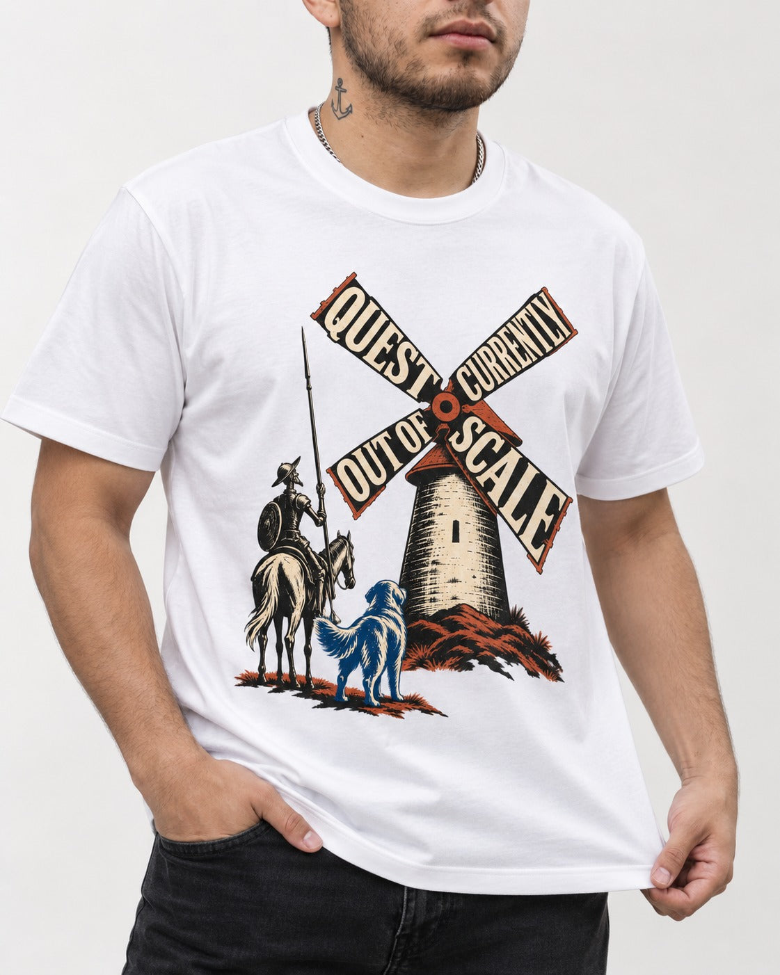 Golden Retriever Quest Out of Scale T-Shirt in White, worn by a model, front view