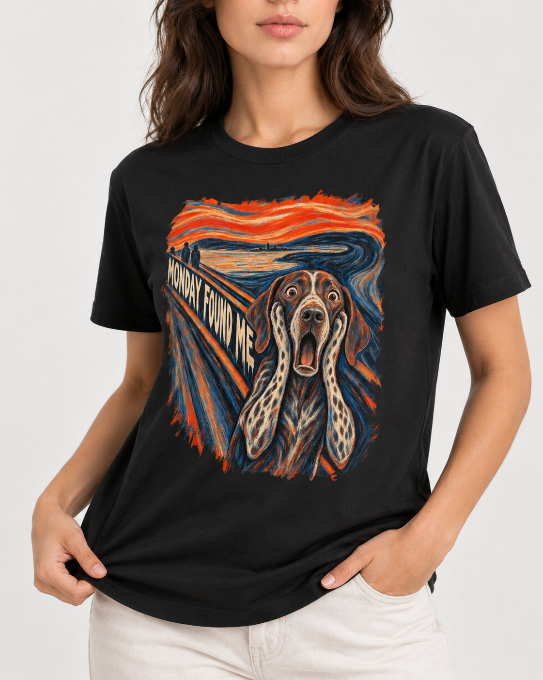 German Shorthaired Pointer Monday Found Me Scream Parody Graphic T-Shirt in Black, worn by a model, front view