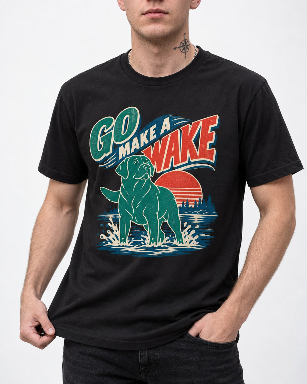 Labrador Retriever Go Make a Wake Lake Graphic T-Shirt in Black, worn by a model, front view