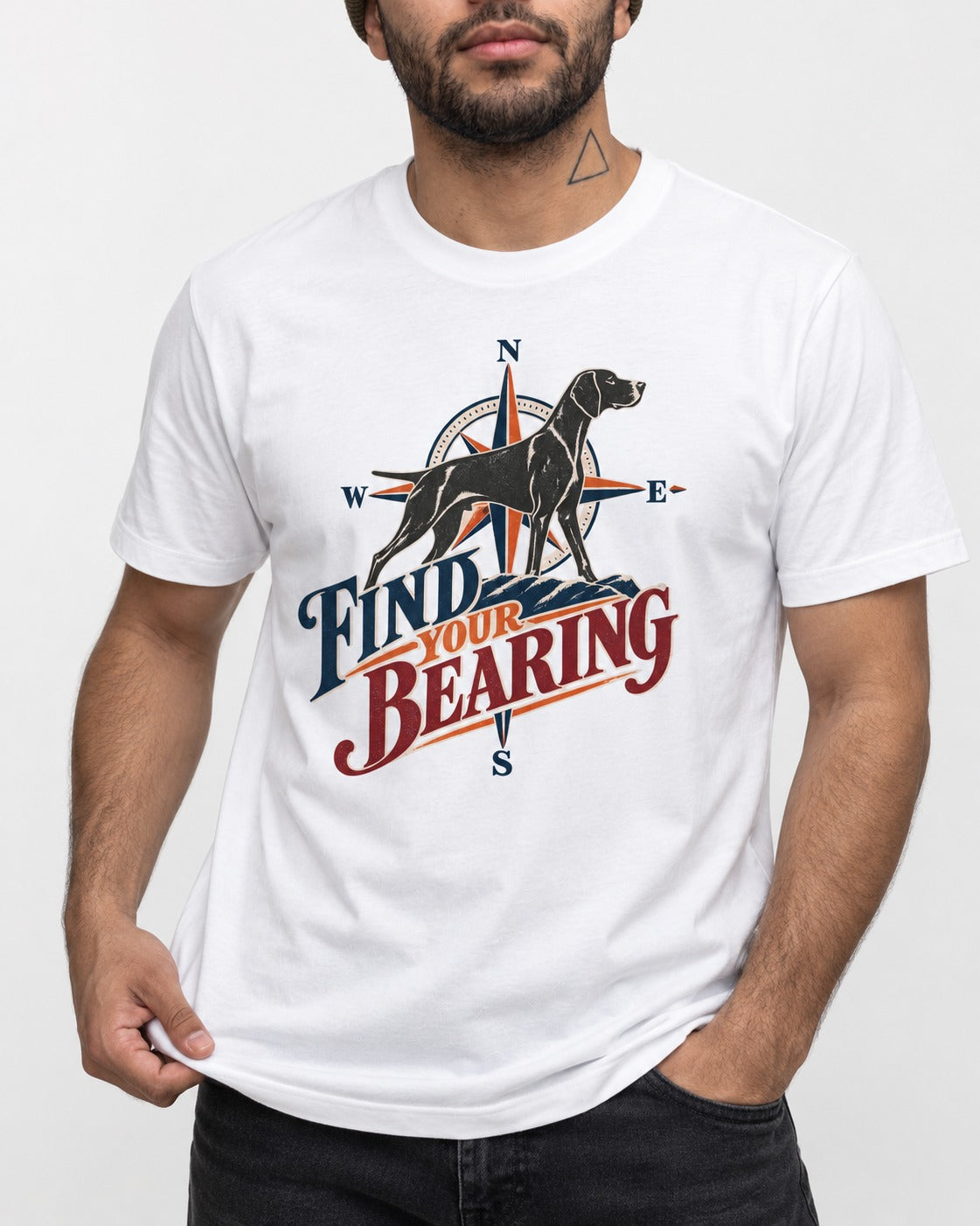 Find Your Bearing German Shorthaired Pointer T-Shirt in White, worn by a model, front view